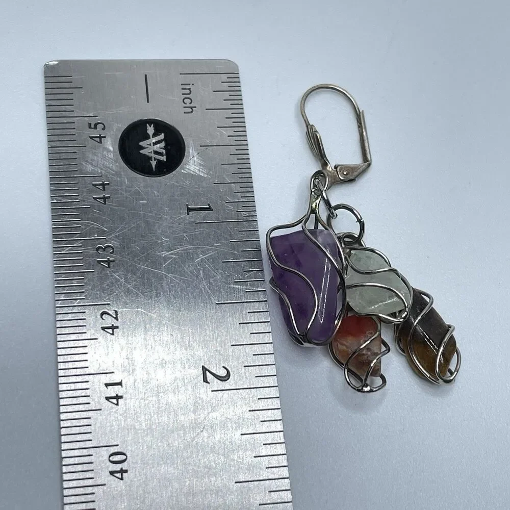 Artisan Wire Wrap Multi Gemstone Dangle Lever Back Earrings Silver Tone Boho